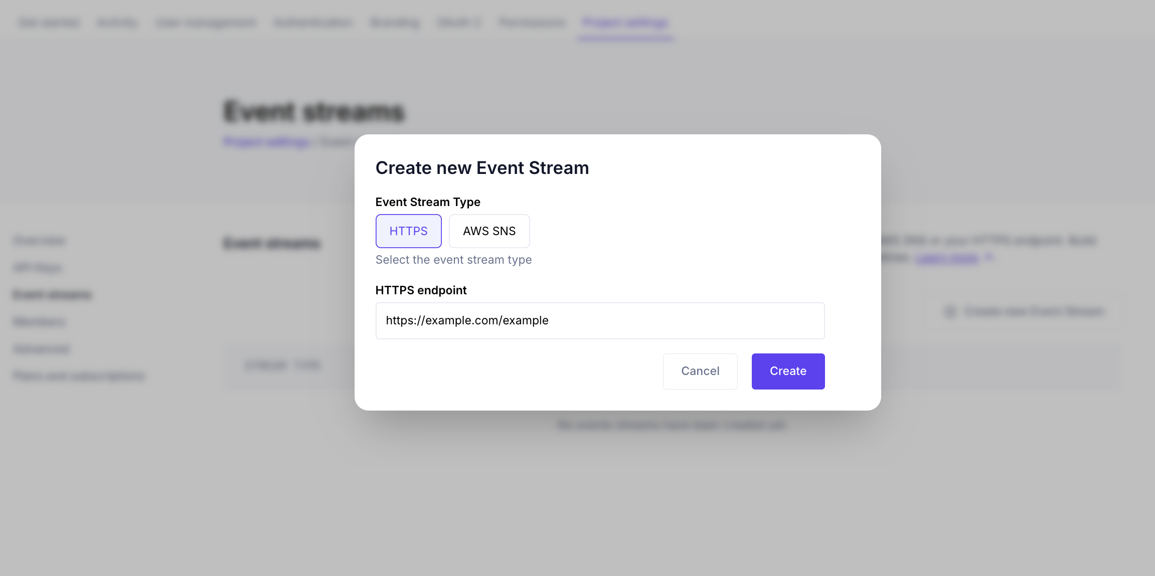 Create new Event Stream dialog with HTTPS type selected