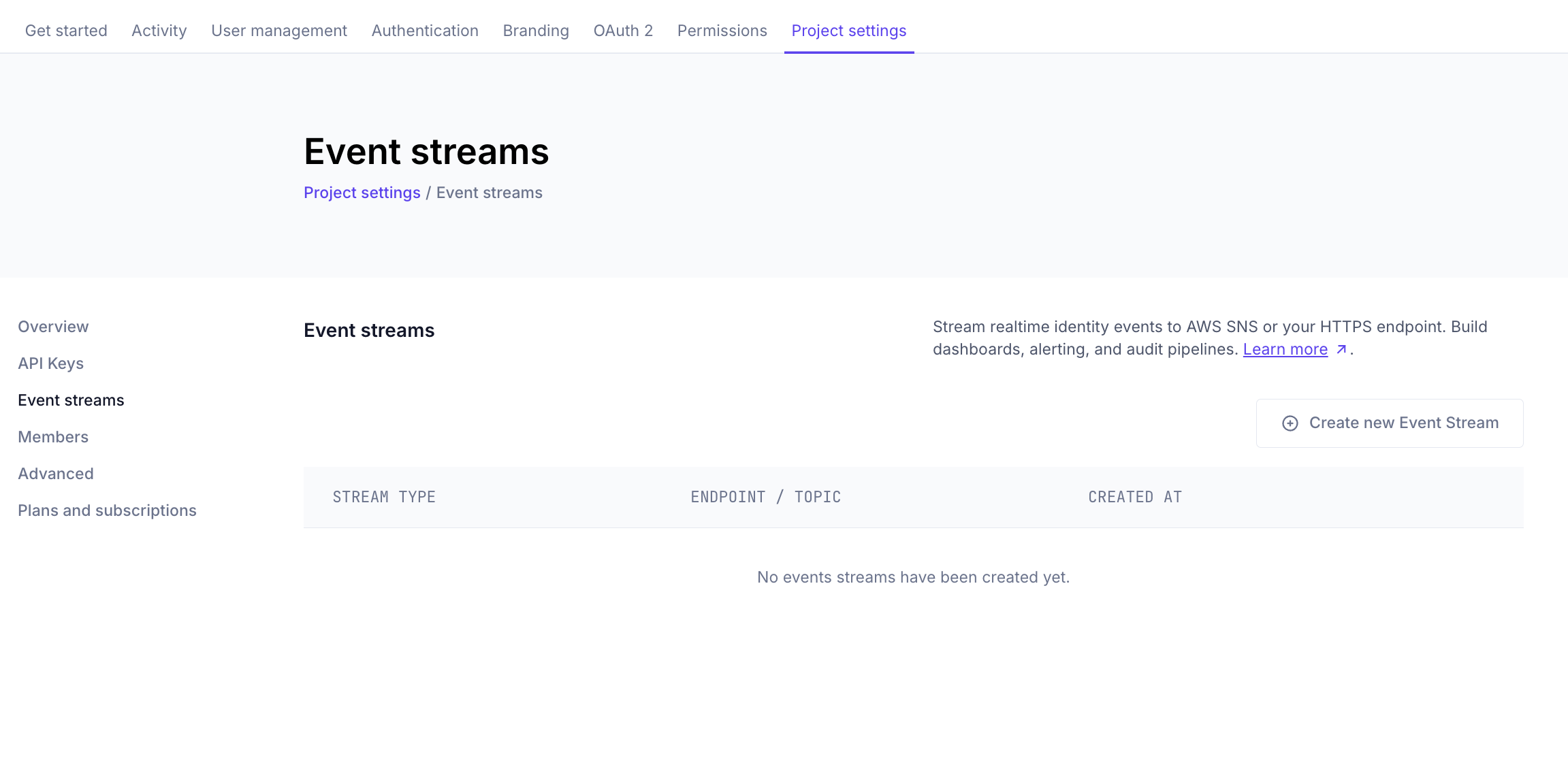 Event streams page with the Create new Event Stream button